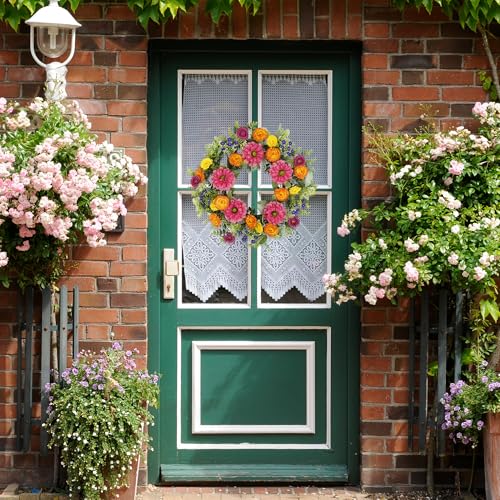 YNYLCHMX 18 inch SpringSummer Front Door Ring Wreath Simulated Colorful Daisy Petals Suitable for Wall Window Farm Parties Festivals Home Decoration - Image 3
