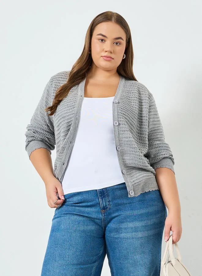 Plus Size Grey Knitted Cardigan with Buttons