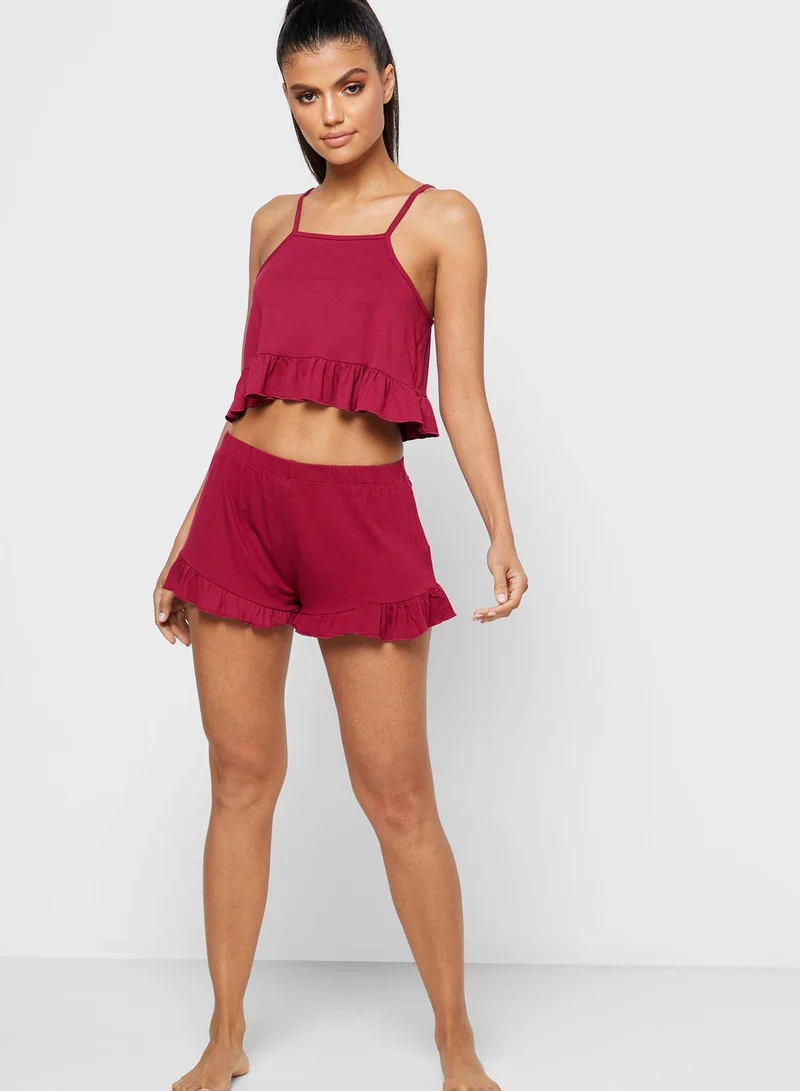 Missguided Cami Top and Frill Shorts Pyjama Set