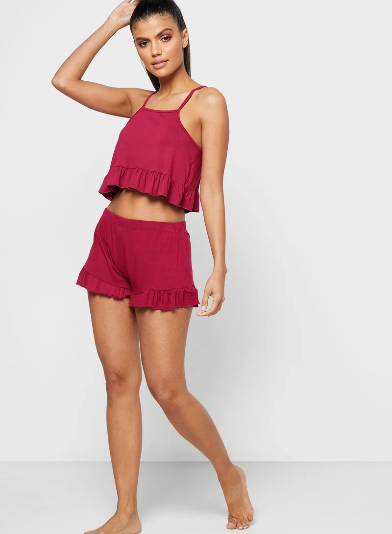 Missguided Cami Top and Frill Shorts Pyjama Set