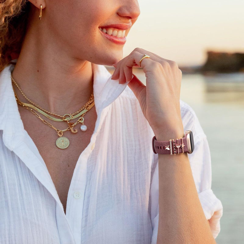 DaQin Flower Engraved Band Compatible with Apple Watch Bands 44mm 42mm 45mm 46mm for Women, Soft Silicone Band With Decorative Apple Watch Charms for iWatch Series 10 9 8 7 6 5 4 3 2 1 SE (with Band) - Image 2