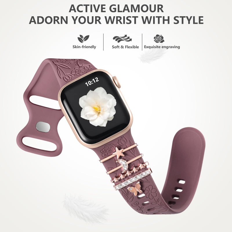 DaQin Flower Engraved Band Compatible with Apple Watch Bands 44mm 42mm 45mm 46mm for Women, Soft Silicone Band With Decorative Apple Watch Charms for iWatch Series 10 9 8 7 6 5 4 3 2 1 SE (with Band) - Image 5
