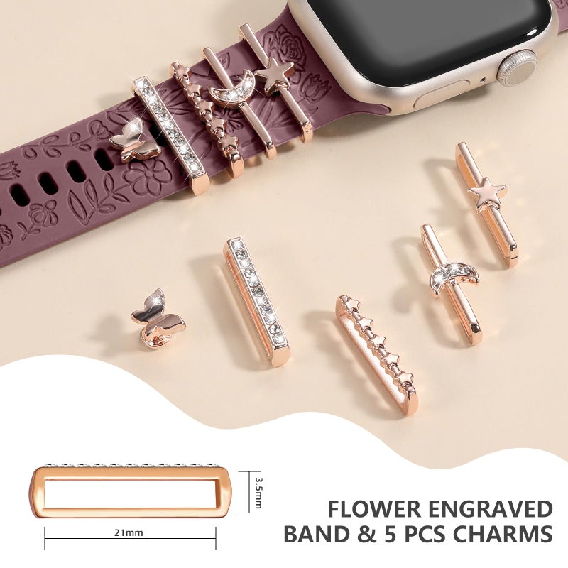 DaQin Flower Engraved Band Compatible with Apple Watch Bands 44mm 42mm 45mm 46mm for Women, Soft Silicone Band With Decorative Apple Watch Charms for iWatch Series 10 9 8 7 6 5 4 3 2 1 SE (with Band) - Image 4
