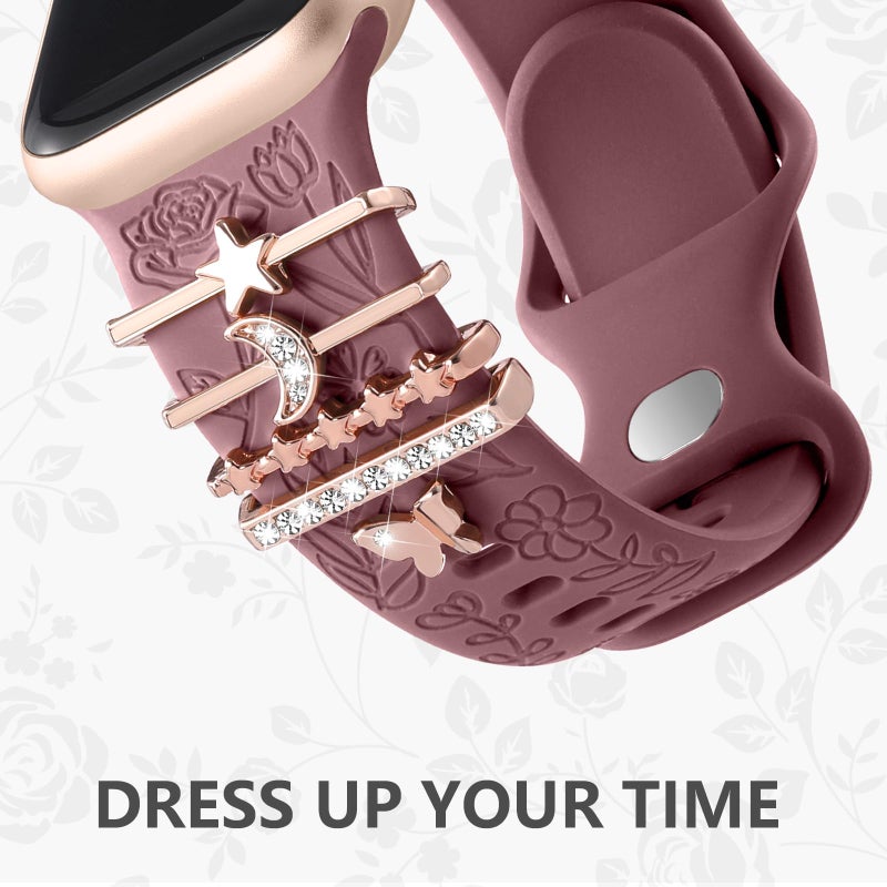 DaQin Flower Engraved Band Compatible with Apple Watch Bands 44mm 42mm 45mm 46mm for Women, Soft Silicone Band With Decorative Apple Watch Charms for iWatch Series 10 9 8 7 6 5 4 3 2 1 SE (with Band) - Image 3