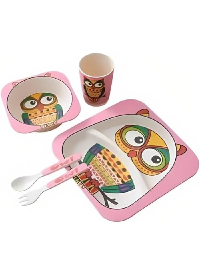Generic A set of divided plates for children, consisting of 5 pieces of children's tableware, made of healthy and safe natural materials, BPA-free, for hot and cold food (owl (pink))  - Image 1