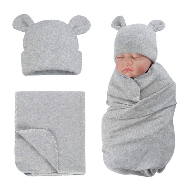 PESAAT Baby Swaddle Hat Set Bear Ears Boys Girls Beanie Newborn Baby Receiving Blanket Autumn Winter GrayHatSwaddle 06 Months