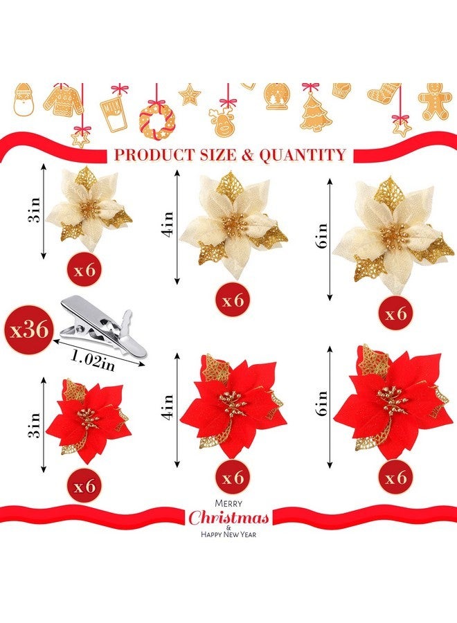 Aoriher Aoriher 3 Size Christmas Poinsettia Flowers Artificial Glitter Poinsettia Flowers Gold Red Xmas Decoration Ornament for Xmas Tree New Year Home Outdoor Decor (36 Pcs)  - Image 2