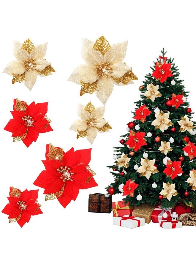 Aoriher Aoriher 3 Size Christmas Poinsettia Flowers Artificial Glitter Poinsettia Flowers Gold Red Xmas Decoration Ornament for Xmas Tree New Year Home Outdoor Decor (36 Pcs)  - Image 1