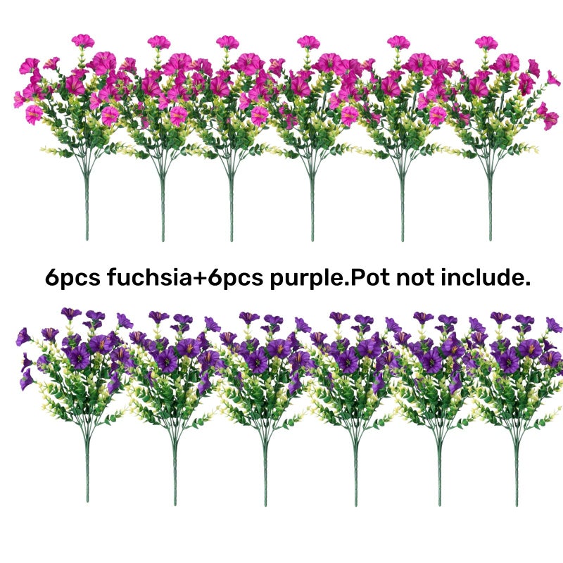HyeFlora Artificial Flowers for Outdoors Fake Plants Outside Decoration, 12 Bundles Silk Colorful Morning Glory with Eucalyptus UV Resistant Realistic Faux Flowers for Planter Porch Patio Yard Garden - Image 5