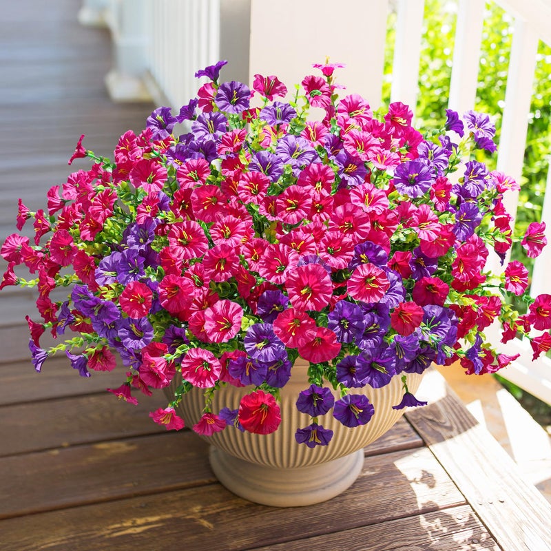 HyeFlora Artificial Flowers for Outdoors Fake Plants Outside Decoration, 12 Bundles Silk Colorful Morning Glory with Eucalyptus UV Resistant Realistic Faux Flowers for Planter Porch Patio Yard Garden - Image 2