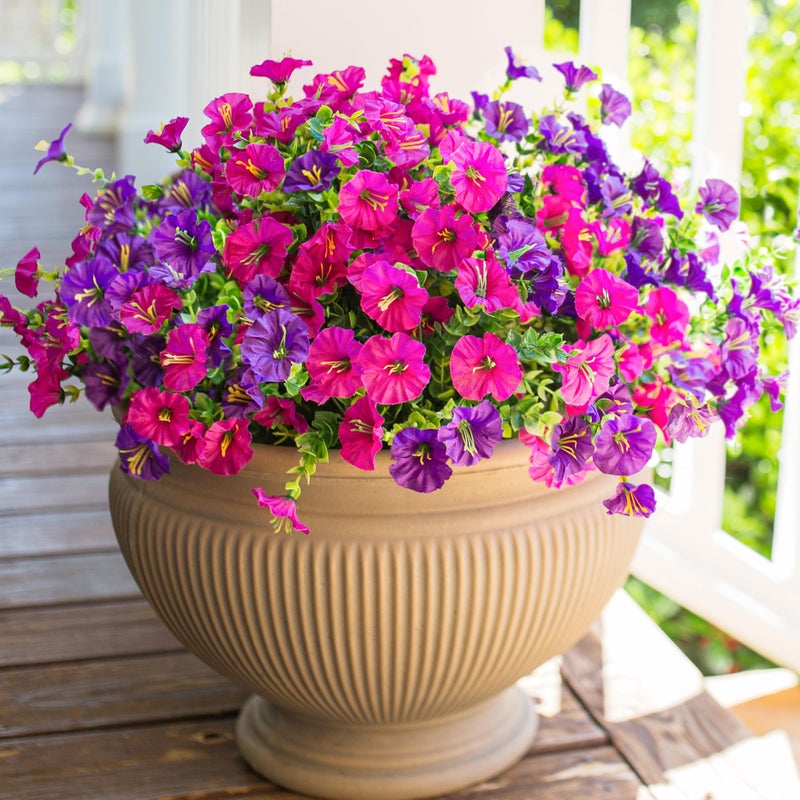 HyeFlora Artificial Flowers for Outdoors Fake Plants Outside Decoration, 12 Bundles Silk Colorful Morning Glory with Eucalyptus UV Resistant Realistic Faux Flowers for Planter Porch Patio Yard Garden - Image 3