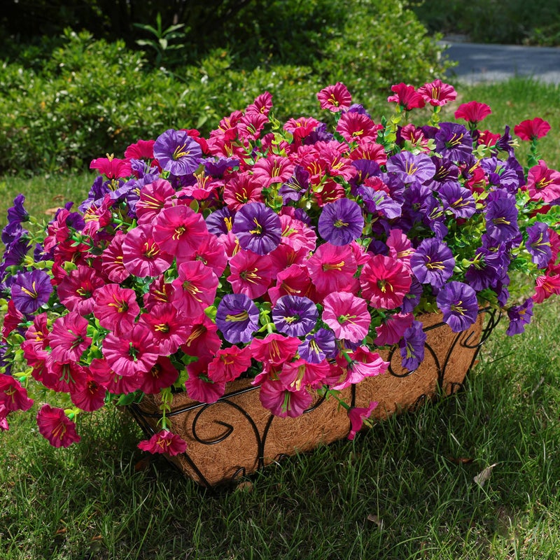HyeFlora Artificial Flowers for Outdoors Fake Plants Outside Decoration, 12 Bundles Silk Colorful Morning Glory with Eucalyptus UV Resistant Realistic Faux Flowers for Planter Porch Patio Yard Garden - Image 1
