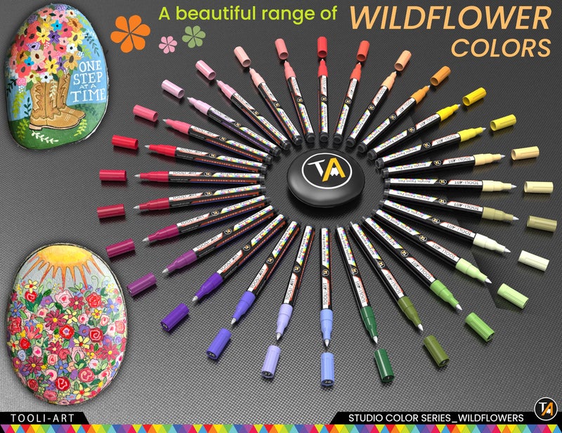 TOOLI-ART 28 Wildflower Colors Acrylic Paint Pens Studio Color Series Markers Set 0.7mm Extra Fine Tip, Rock Painting, Glass, Mugs, Wood, Metal, Canvas, DIY, Detailing. Non Toxic, Waterbased, Quick Drying - Image 3