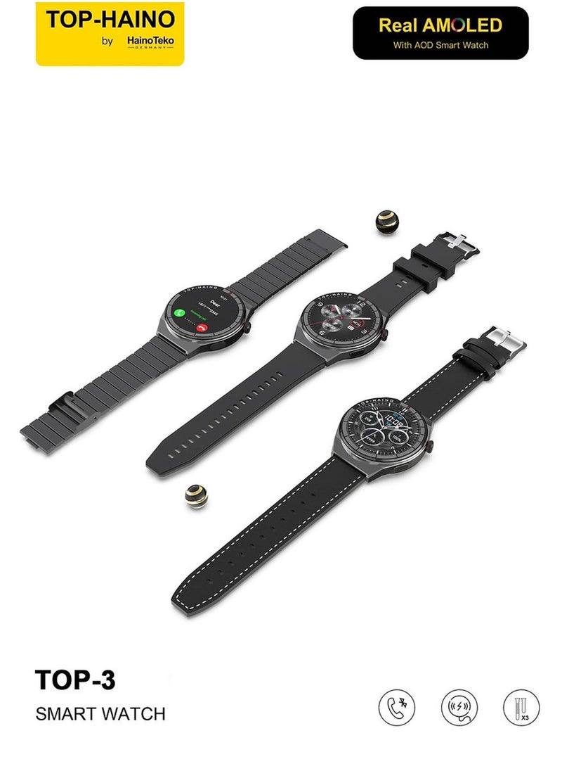 Haino Teko TOP 3 Real AMOLED Display with AOD Smart Watch 3 Pair Straps Wireless Charger for Gents  - Image 1