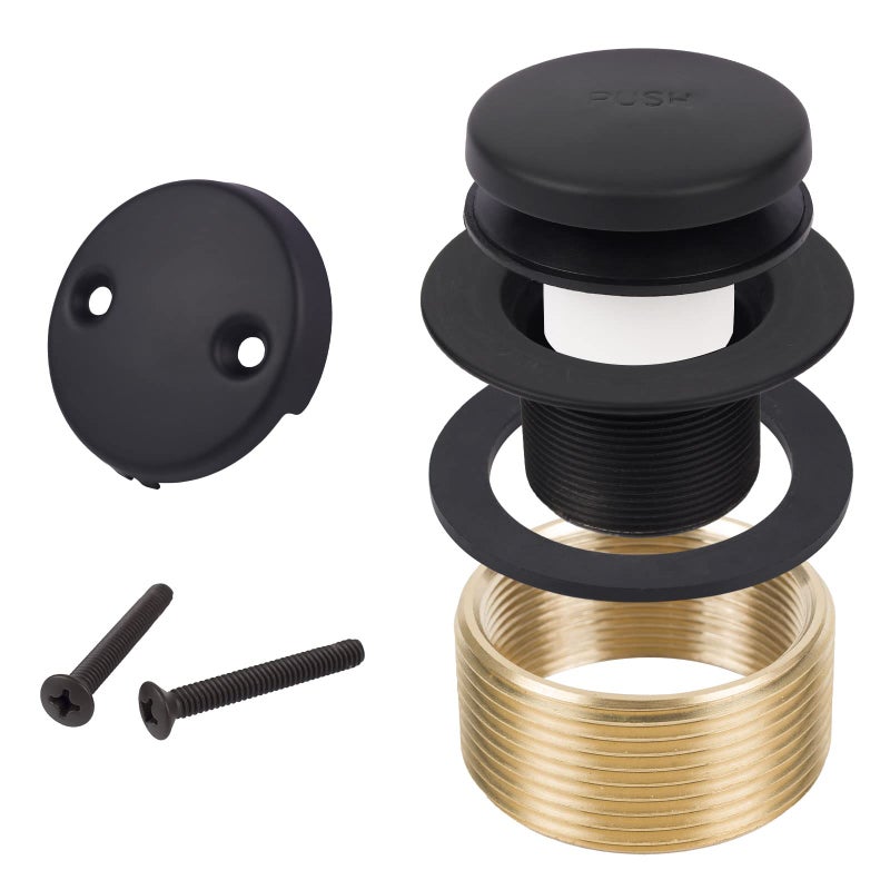MINUPWELL Black Tub Drain Bathtub Drain Conversion Kit With Two-Hole Overflow Faceplate  Minupwell Replacement Tip-Toe Bath Drain Trim Kit With Universal Fine/Coarse Thread Assembly  Matte Black - Image 1