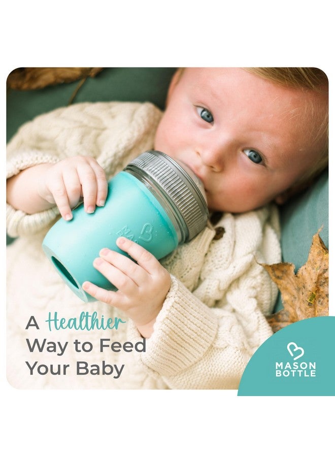 Mason Bottle Baby Glass Bottles Gift Set - Includes 3X Anti Colic Glass Baby Bottle 8 oz, 3X Slow Flow Nipple, 3X Cap+Ring, 1x Silicone Sleeve - BPA Free, Non Toxic Glass Feeding Bottles for Babies - Image 5
