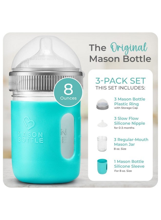 Mason Bottle Baby Glass Bottles Gift Set - Includes 3X Anti Colic Glass Baby Bottle 8 oz, 3X Slow Flow Nipple, 3X Cap+Ring, 1x Silicone Sleeve - BPA Free, Non Toxic Glass Feeding Bottles for Babies - Image 2