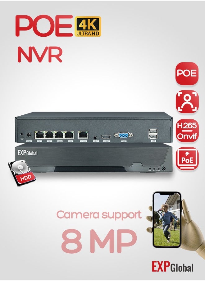 EXPGlobal 4 channel IP video recorder with POE/4K POE NVR H.265/ONVIF, PoE power, software motion sensor, remote access with 1TB HDD  - Image 1