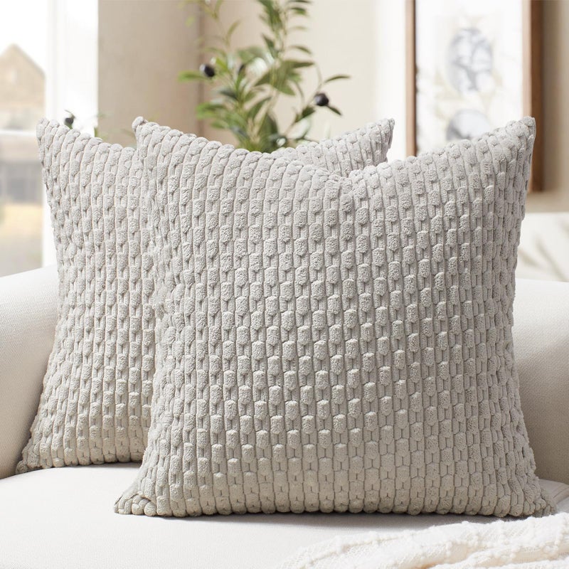 Softalker Throw Pillow Covers 20x20 Inch Set of 2  Super Soft Corduroy Pillow Covers Decorative Boho Striped Pillowcases for Couch Sofa Living Room Bed Home Decor  Grey - Image 1