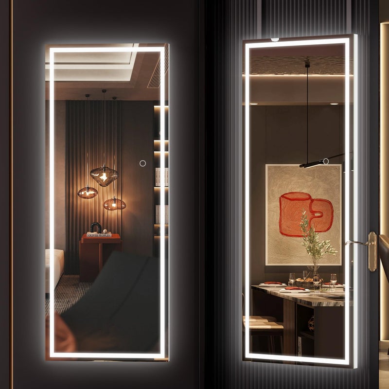 Hasipu LED Door Mirror Full Length, 44" x 15.8" Lighted Over The Door Hanging Mirror, Full Body Wall Mounted Mirror, Light Up Long Dressing Mirrors, Square White - Image 1
