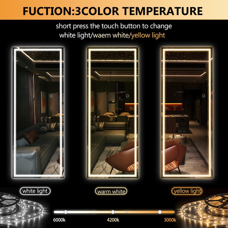 Hasipu LED Door Mirror Full Length, 44" x 15.8" Lighted Over The Door Hanging Mirror, Full Body Wall Mounted Mirror, Light Up Long Dressing Mirrors, Square White - Image 3