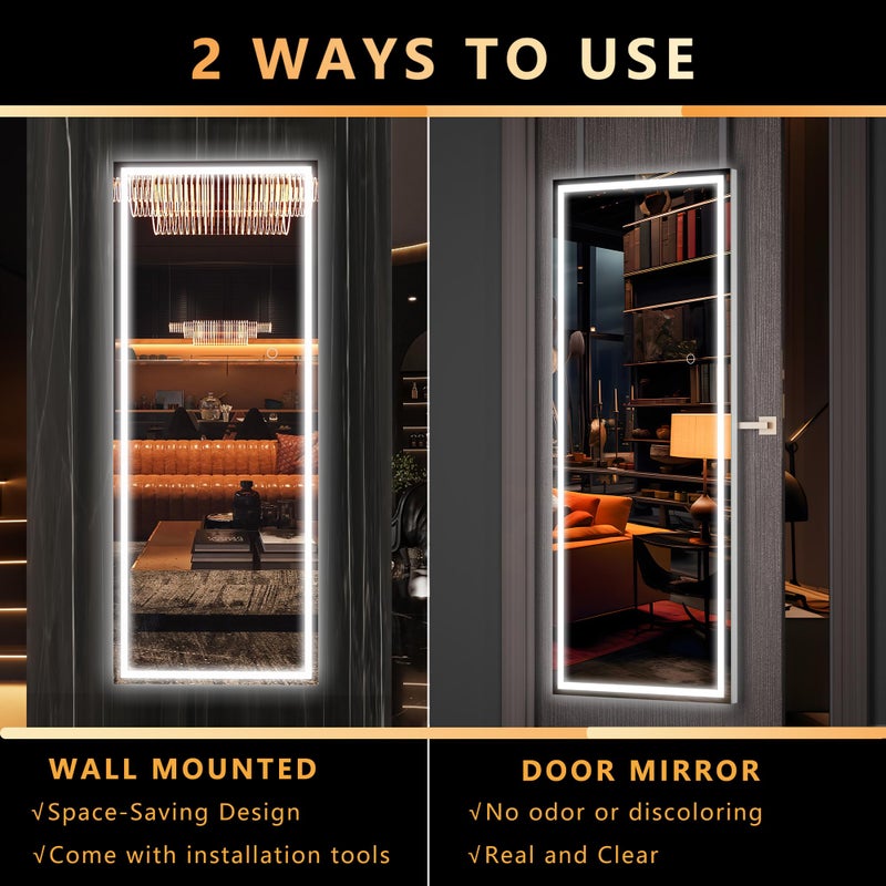 Hasipu LED Door Mirror Full Length, 44" x 15.8" Lighted Over The Door Hanging Mirror, Full Body Wall Mounted Mirror, Light Up Long Dressing Mirrors, Square White - Image 4