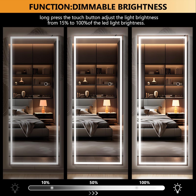 Hasipu LED Door Mirror Full Length, 44" x 15.8" Lighted Over The Door Hanging Mirror, Full Body Wall Mounted Mirror, Light Up Long Dressing Mirrors, Square White - Image 2