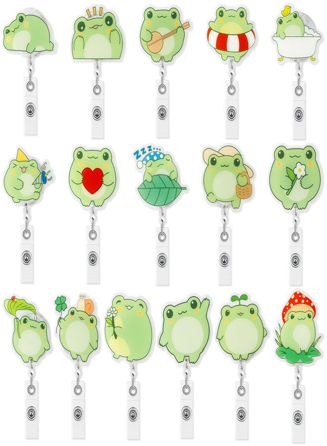 Eartim Watercolor Cute Frog Badge Reel - 16Pcs Cartoon Frog Acrylic Retractable ID Badge with Metal Clip Name Tags Holder for Nurse Pet Lover Office Staff Student Birthday Gifts Christmas Party Favors - Image 1