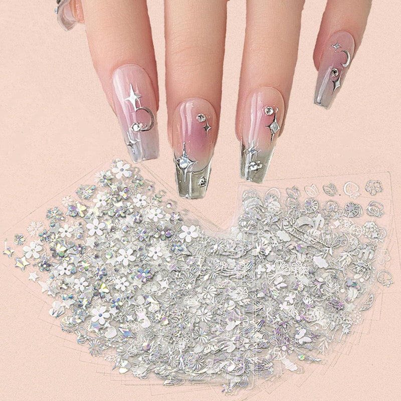 TOGZOM 30 Sheet Silver Nail Art Stickers 3D Self-Adhesive Nail Decals Star Moon Flower Leaf Stripe Design Aurora Laser Nail Stickers Heart Butterfly Nail Art Supplies DIY Nail Decoration for Women - Image 1