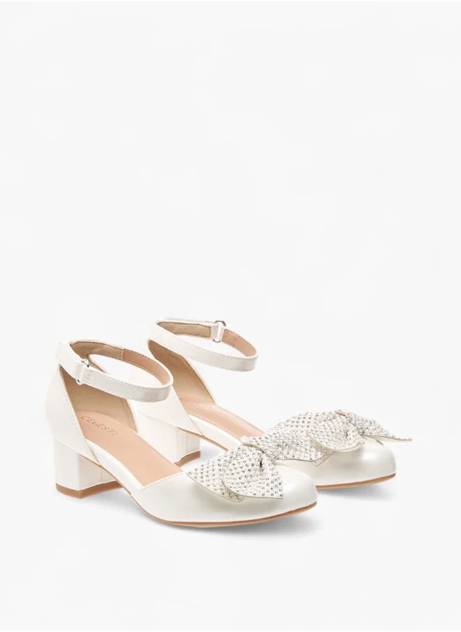 سيليست Girls Bow Embellished Block Heel Shoes With Hook And Loop Closure