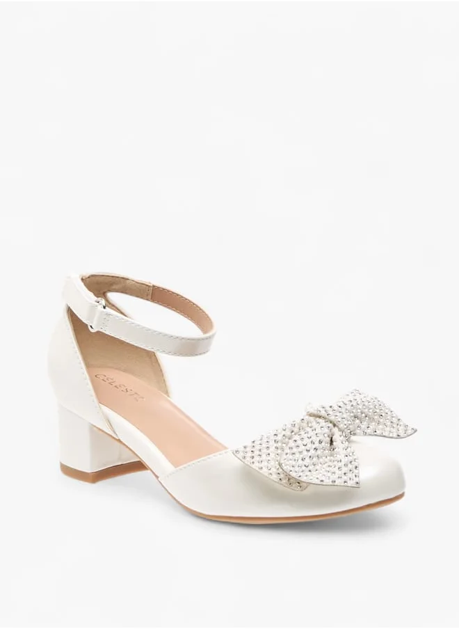 سيليست Girls Bow Embellished Block Heel Shoes With Hook And Loop Closure