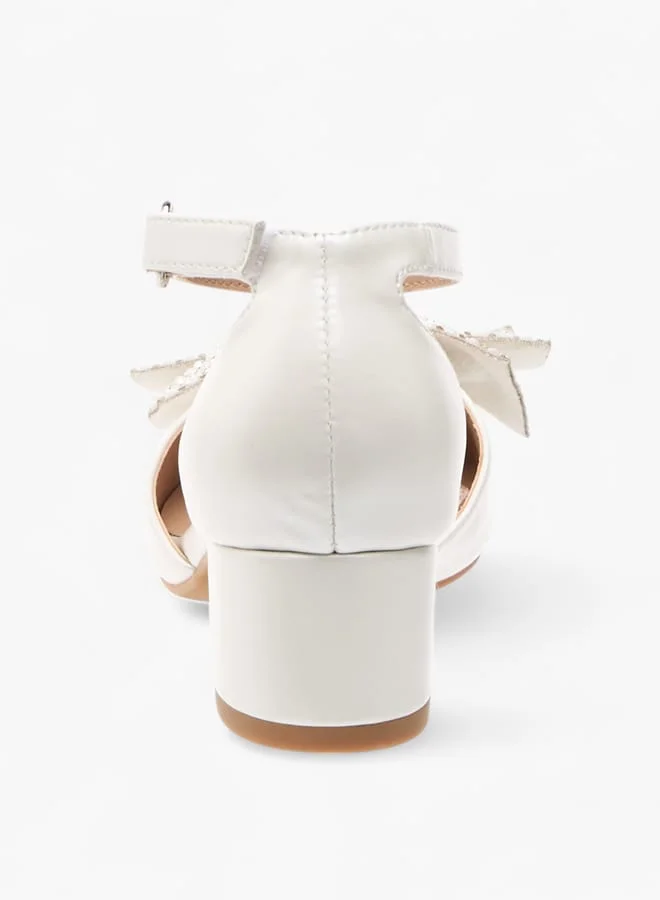 Celeste Girls Bow Embellished Block Heel Shoes With Hook And Loop Closure