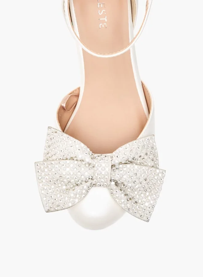Celeste Girls Bow Embellished Block Heel Shoes With Hook And Loop Closure