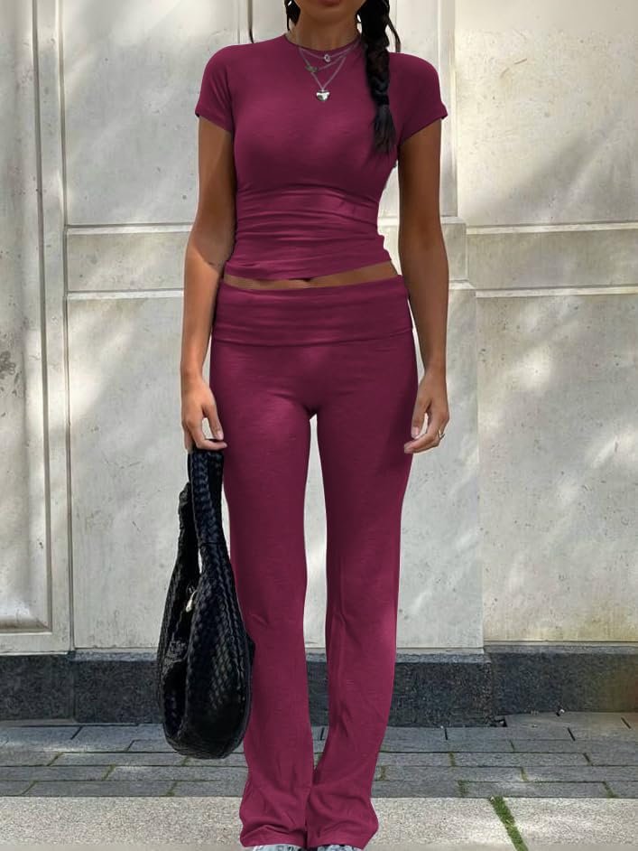 ZFLM Casual Workout Two Piece Outfits for Women Short Sleeve Crop High Waist Foldover Flare Pants Tracksuit Sets Streetwear - Image 3