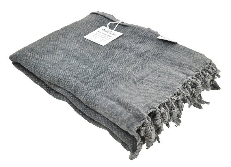 InfuseZen Stonewashed Turkish Throw Blanket  100 Organic Cotton  80 x 48  Soft Lightweight Cozy  for Couch Sofa Picnic Yoga  Charcoal Grey - Image 1