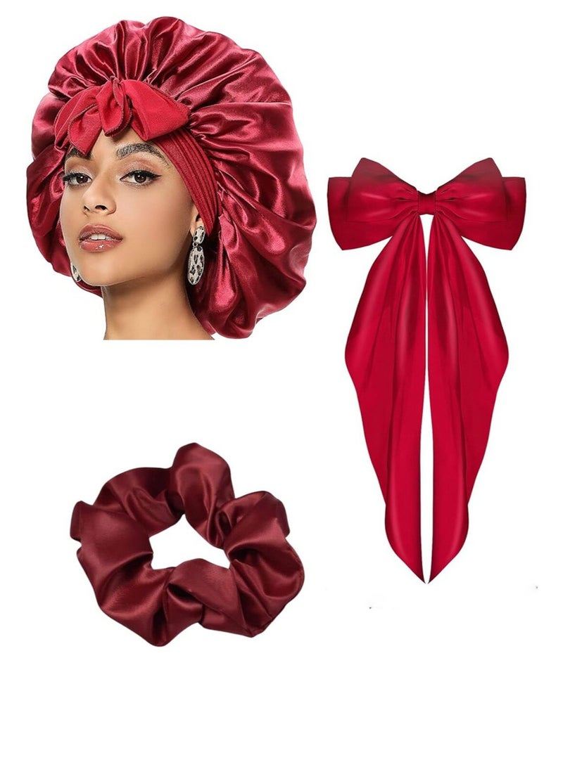 Generic Night Satin Elegance A piece of luxury and softness Elegant Satin Bonnet Set for Women Single Layer Satin Bonnet for Curly Hair with Satin Hair Ties and Long Bow Clips in maroon  - Image 1