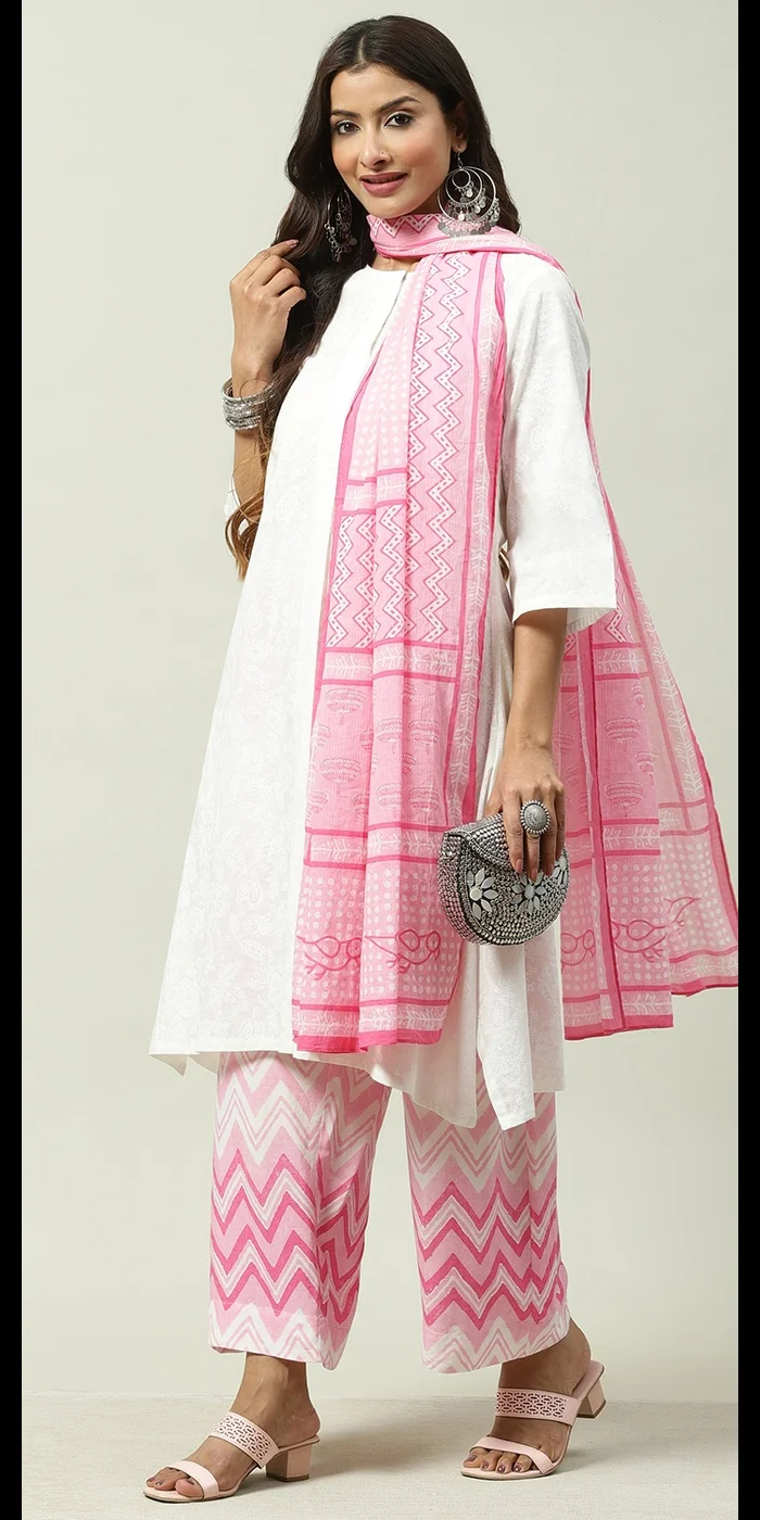 بيبا طقم بدلة كورتا بالاتزو من القطن الأبيض والوردي المستقيم