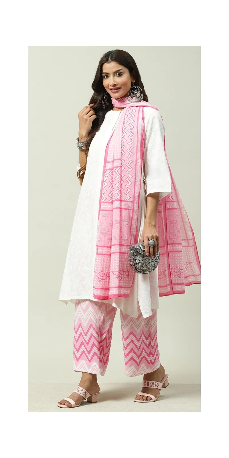 بيبا طقم بدلة كورتا بالاتزو من القطن الأبيض والوردي المستقيم