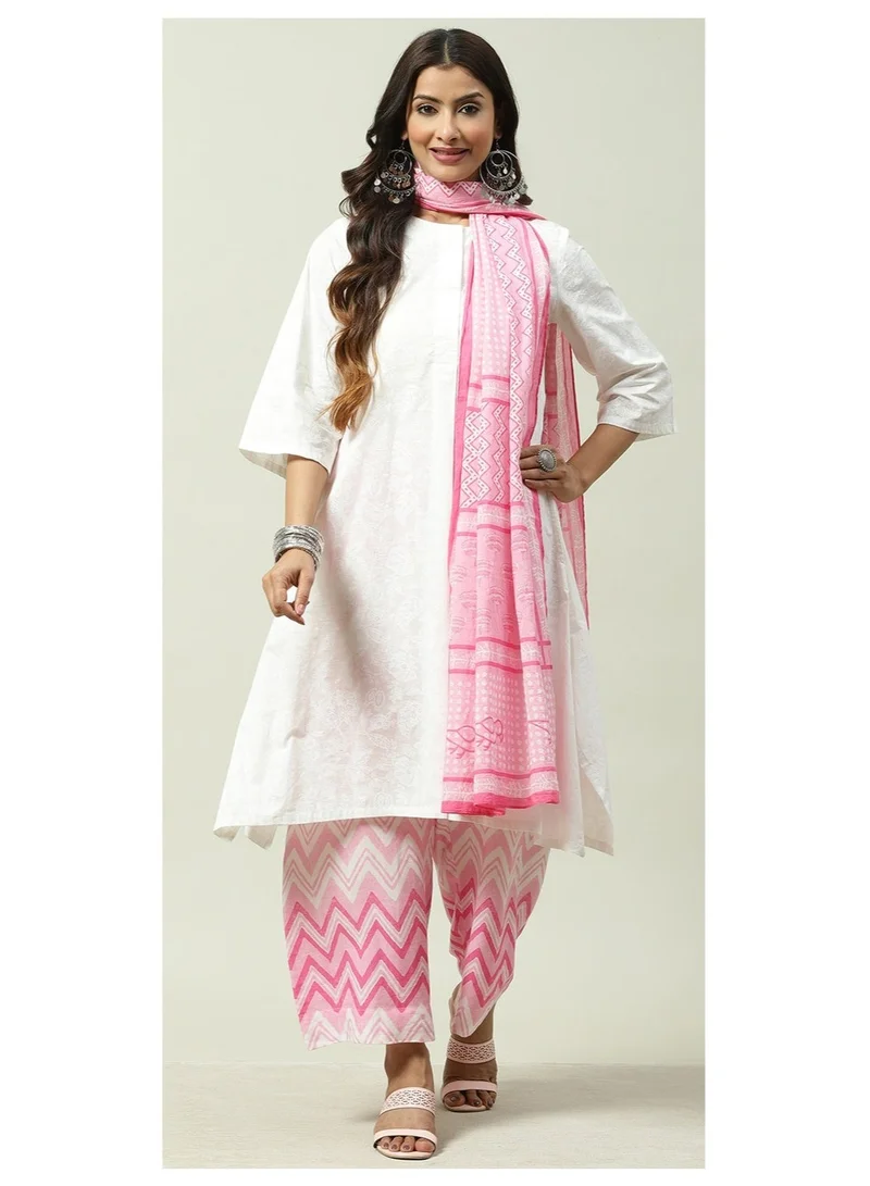 Biba  White and Pink Cotton Straight Kurta Palazzo Suit Set for Women | Best Price UAE