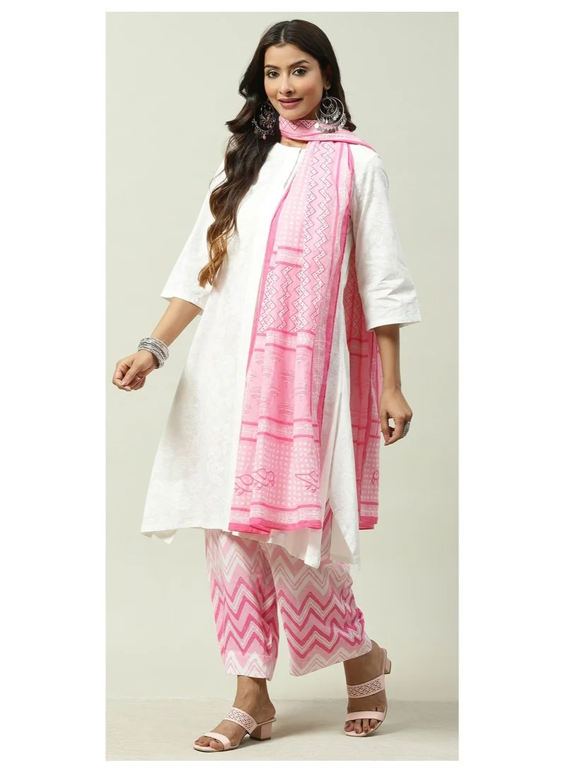 Biba  White and Pink Cotton Straight Kurta Palazzo Suit Set for Women | Best Price UAE