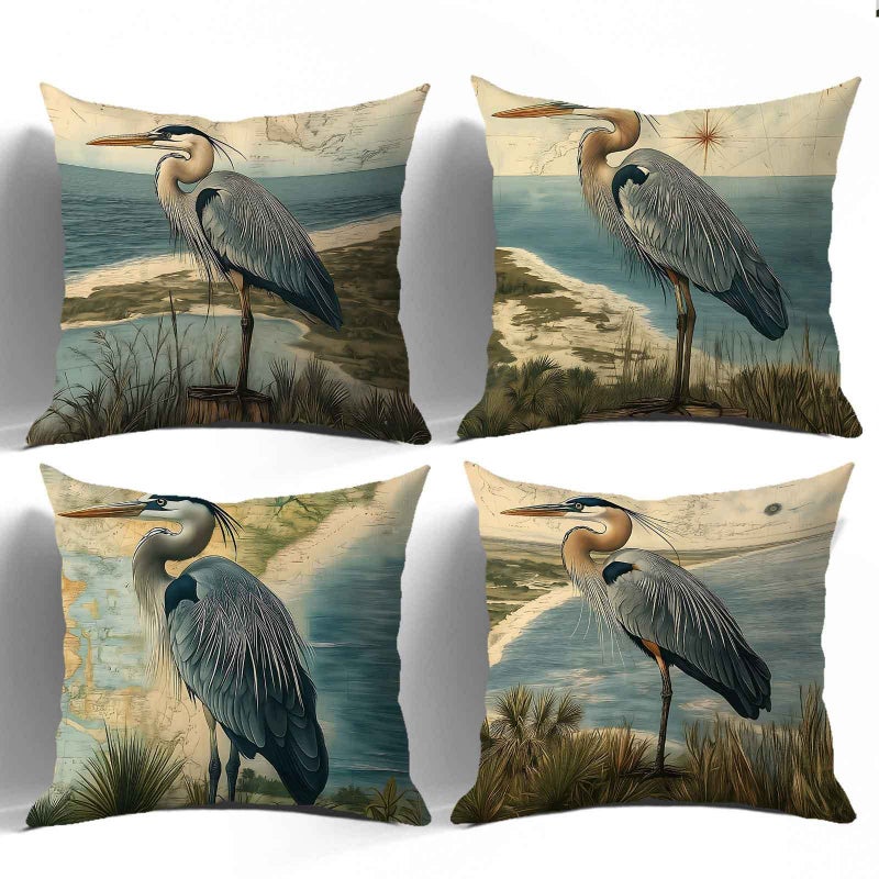 4pcs 16x16in Nautical Coastal Cushion Covers Great Blue Heron Seashore Map Print - Image 4