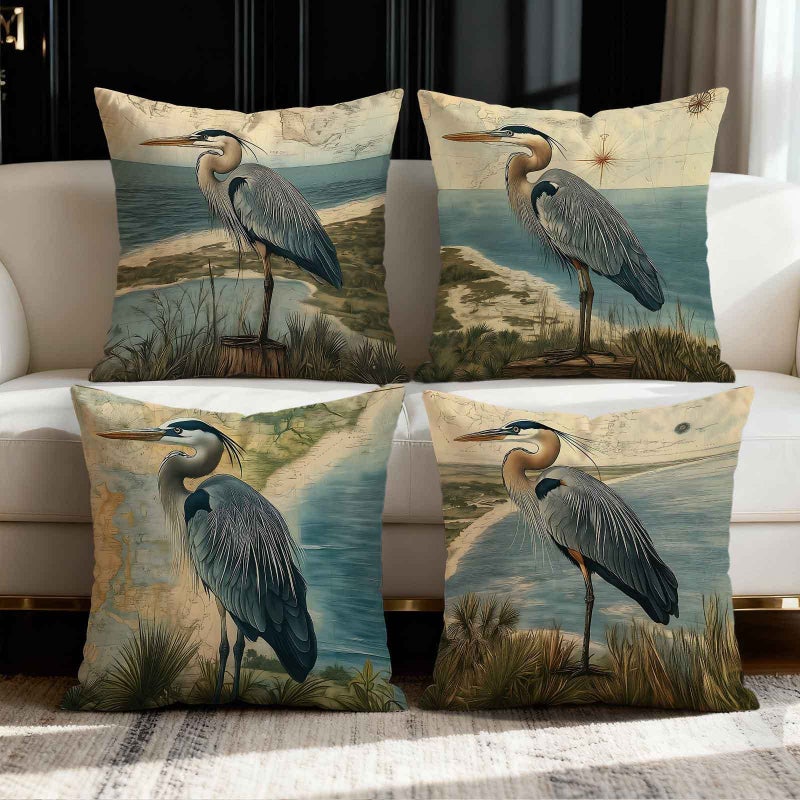 4pcs 16x16in Nautical Coastal Cushion Covers Great Blue Heron Seashore Map Print - Image 1