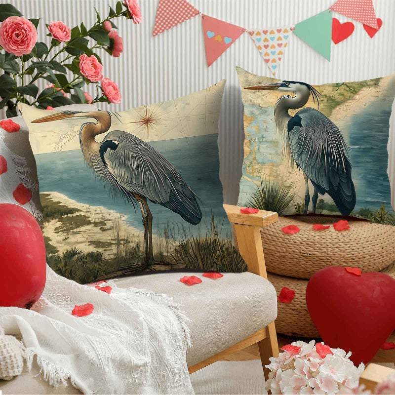 4pcs 16x16in Nautical Coastal Cushion Covers Great Blue Heron Seashore Map Print - Image 5