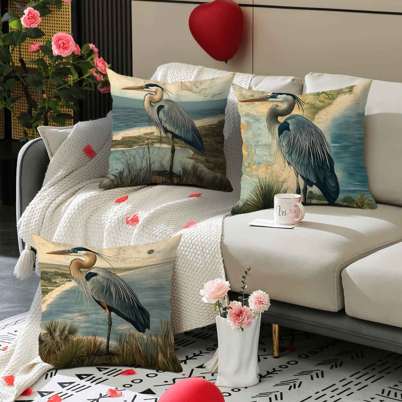 4pcs 16x16in Nautical Coastal Cushion Covers Great Blue Heron Seashore Map Print - Image 2