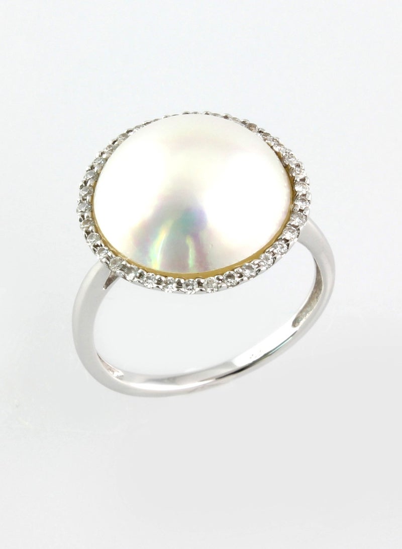 MIKURA Ring, Mabe Pearls, A Quality, White Color, 14.0-13.0MM, 18KW, 34D-0.18Cts, VS Clarity, G/H Color  - Image 1