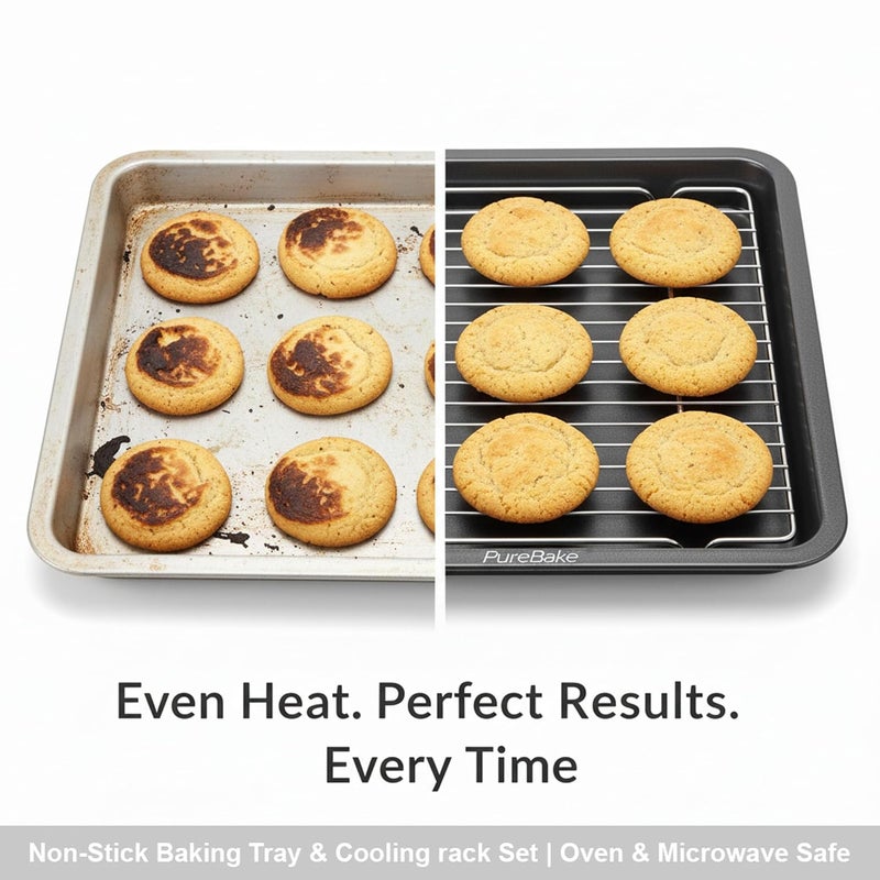 PureBake صينية فرن من الفولاذ الكربوني غير لاصقة للخبز مع رف تبريد | 37x25.5 سم صينية خبز للميكروويف | خالية من PFOA، آمنة للغسالة، مقاومة للحرارة حتى 200°C | مثالية للشواء والشوي - Image 3