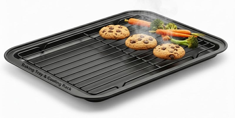 PureBake صينية فرن من الفولاذ الكربوني غير لاصقة للخبز مع رف تبريد | 37x25.5 سم صينية خبز للميكروويف | خالية من PFOA، آمنة للغسالة، مقاومة للحرارة حتى 200°C | مثالية للشواء والشوي - Image 1