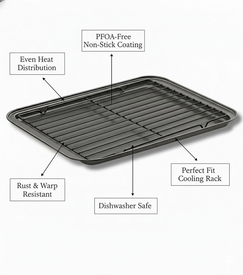 PureBake صينية فرن من الفولاذ الكربوني غير لاصقة للخبز مع رف تبريد | 37x25.5 سم صينية خبز للميكروويف | خالية من PFOA، آمنة للغسالة، مقاومة للحرارة حتى 200°C | مثالية للشواء والشوي - Image 4