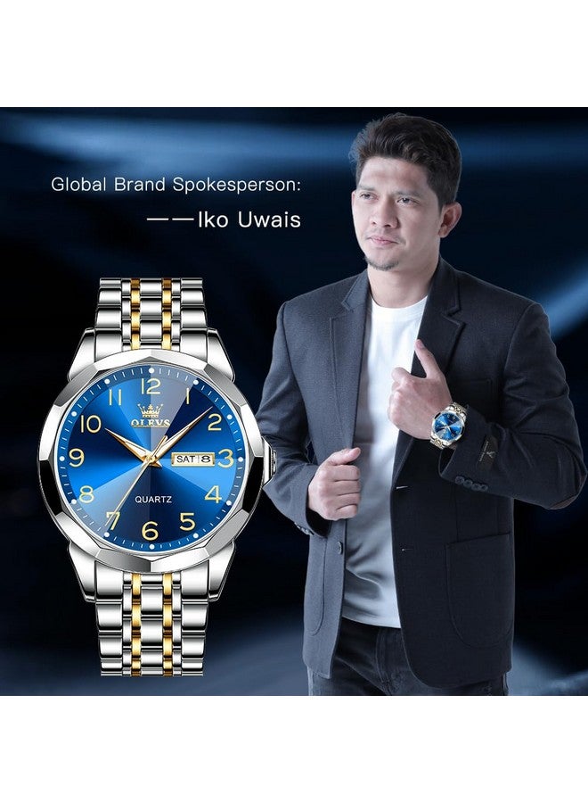 أوليفز ساعة  للرجال فاخرة رسمية أنالوج كوارتز ستانلس ستيل مقاومة للماء مضيئة بخاصية التاريخ ساعة عمل ثنائية اللون كاجوال باللونين الذهبي والأزرق - Image 2