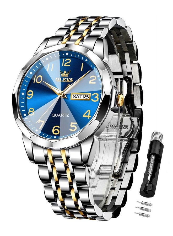 أوليفز ساعة  للرجال فاخرة رسمية أنالوج كوارتز ستانلس ستيل مقاومة للماء مضيئة بخاصية التاريخ ساعة عمل ثنائية اللون كاجوال باللونين الذهبي والأزرق - Image 1